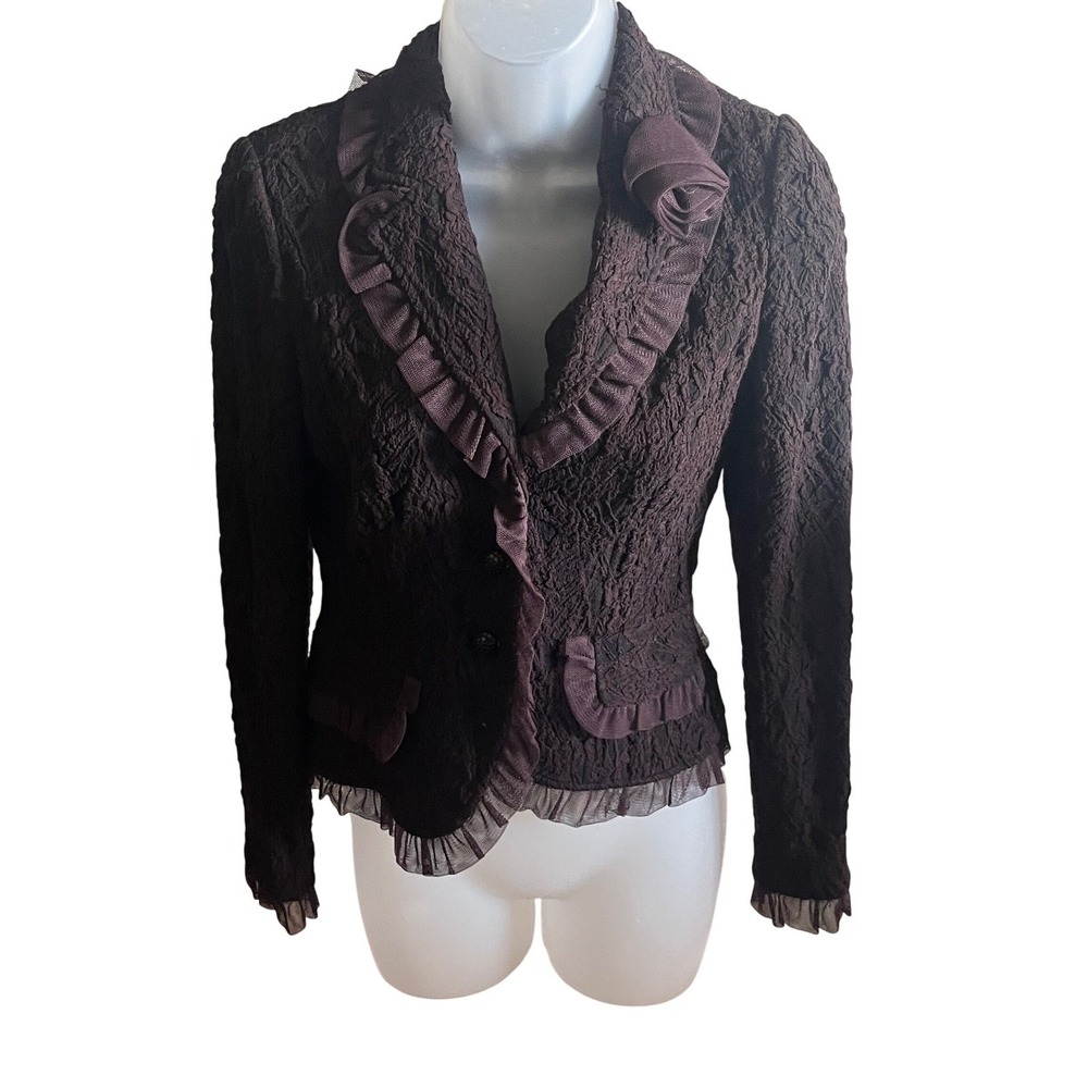 Teri Jon Rickie Freeman Brown Textured Ruffle Rose Detail Blazer Jacket Womens 4